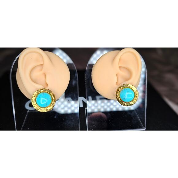 Chanel Collection 28 Turquoise Stone Gold Clip-On Earrings - Picture 1 of 7